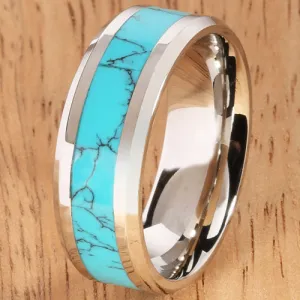 8mm Blue Turquoise Inlaid Stainless Beveled Edge Wedding Ring