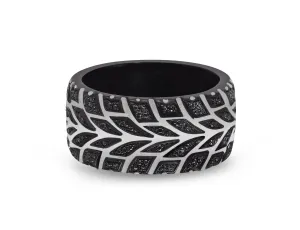 Racer Swag Black Rhodium Plated Sterling Silver Tire Tread Black Diamond Band Ring